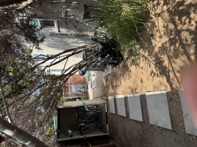 Gated side yard with stepping-stone path and a dedicated bicycle storage shed