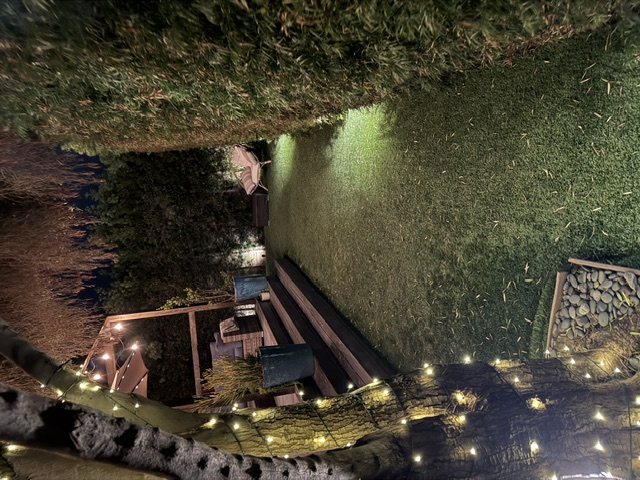 Illuminated private lawn and garden beside the patio at night